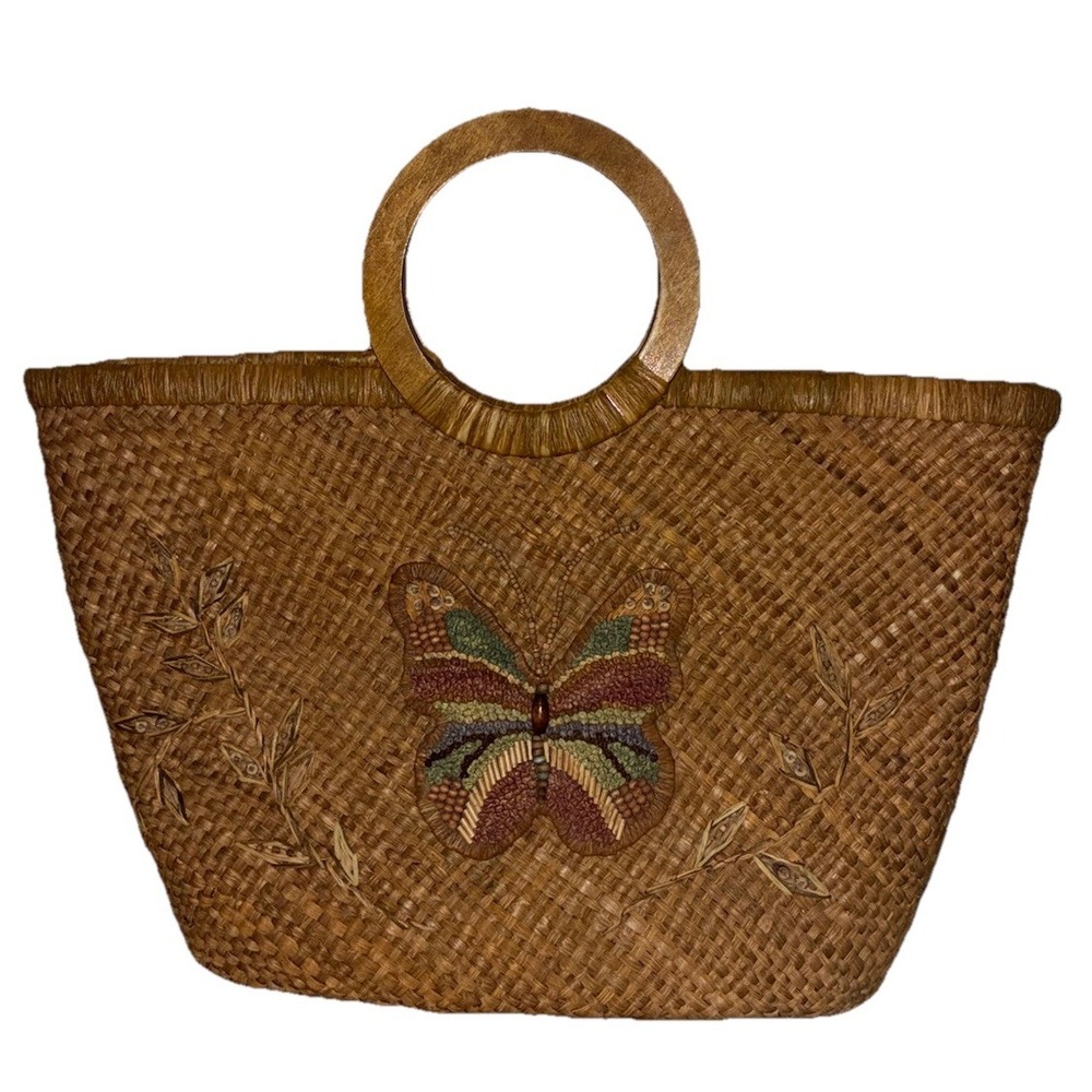 Vintage 90s Y2K St. John's Bay Woven Seagrass Wood Handle Butterfly Tote 16x10x4